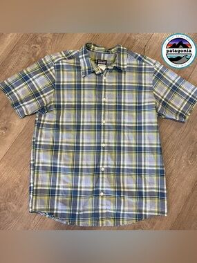 Patagonia Short-Sleeve Plaid Button-Down in Blue, Green & Yellow